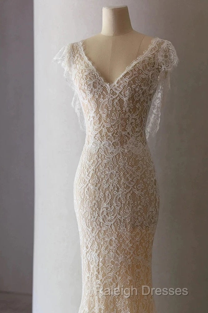 Unique Sheath V Neckline Cap Sleeves Lace Ivory Wedding Dresses Secondary image