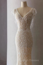 Unique Sheath V Neckline Cap Sleeves Lace Ivory Wedding Dress