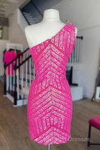 Unique Sleeveless One Shoulder Sequined Pink Homecoming Dress