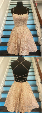 Unique Spaghetti Straps Crisscross Back A Line Short Homecoming Dresses, Gold Lace Homecoming Dresses