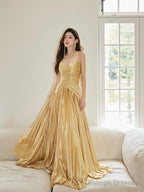 Unique Spaghetti Straps Satin Long Prom Dress, Gold V-Neck Backless Evening Party Dress