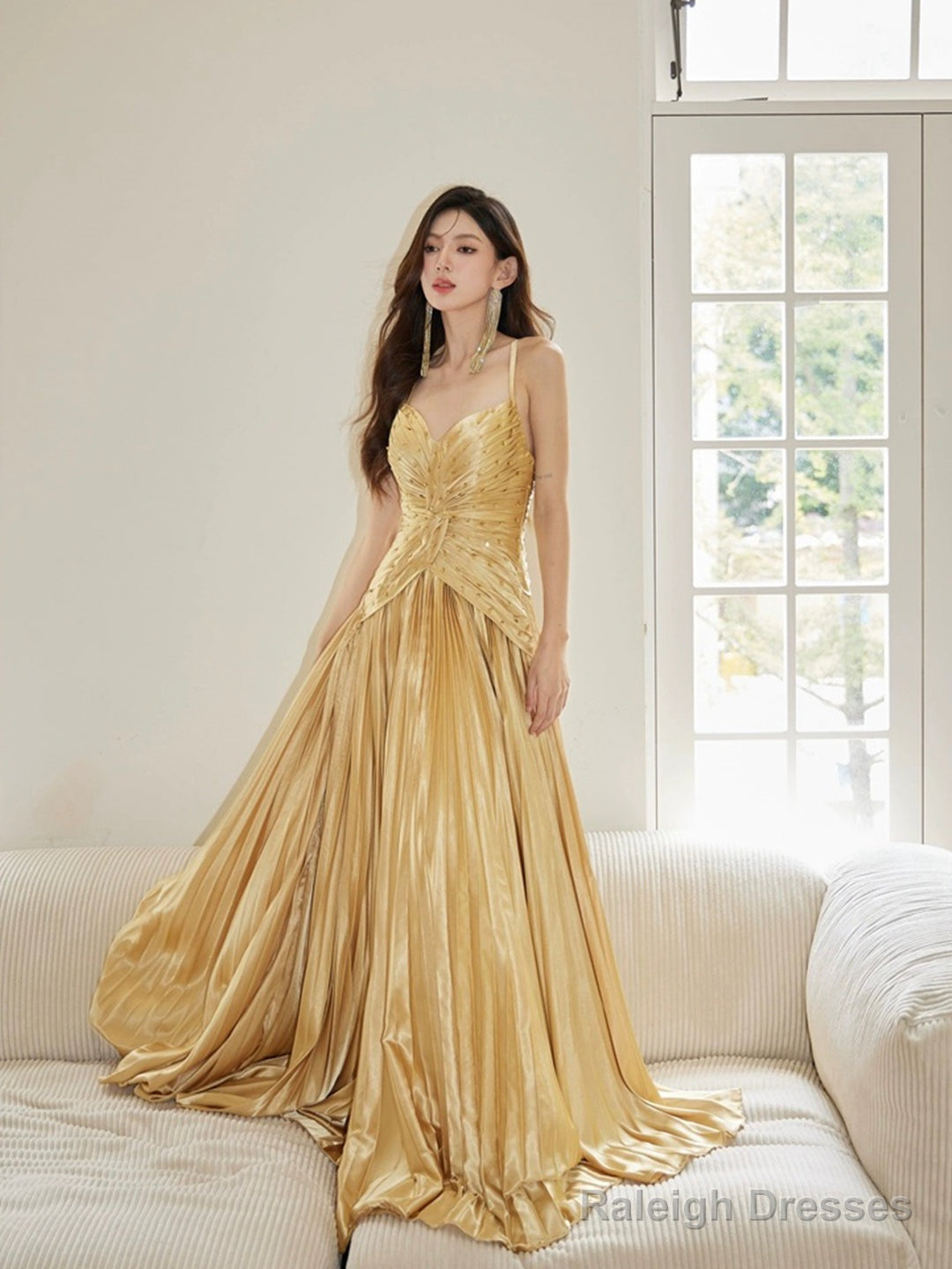 Unique Spaghetti Straps Satin Long Prom Dress, Gold V-Neck Backless Evening Party Dress