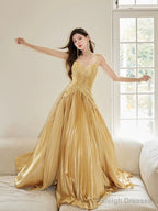 Unique Spaghetti Straps Satin Long Prom Dress, Gold V-Neck Backless Evening Party Dress
