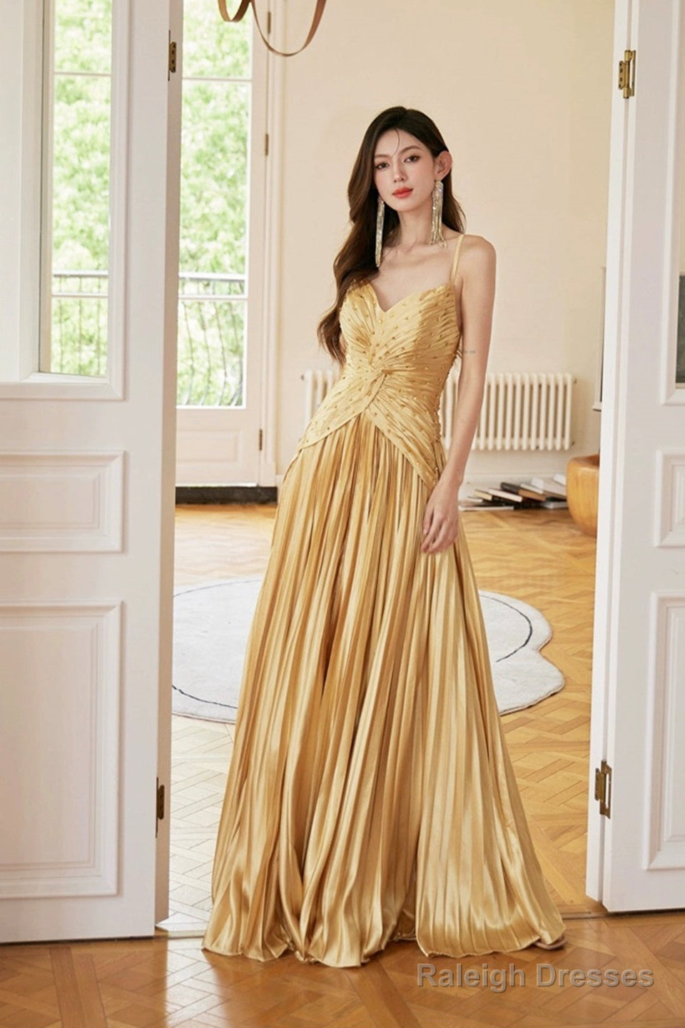 Unique Spaghetti Straps Satin Long Prom Dress, Gold V-Neck Backless Evening Party Dress Main image