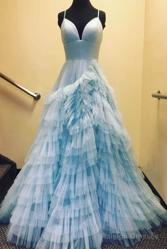 Unique Spaghetti Straps Tulle Prom Dresses With Ruffle Skirt Main image