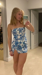 Unique Strapless Blue Satin Print Floral Sheath Short Cocktail Dresses Prom Homecoming Dresses