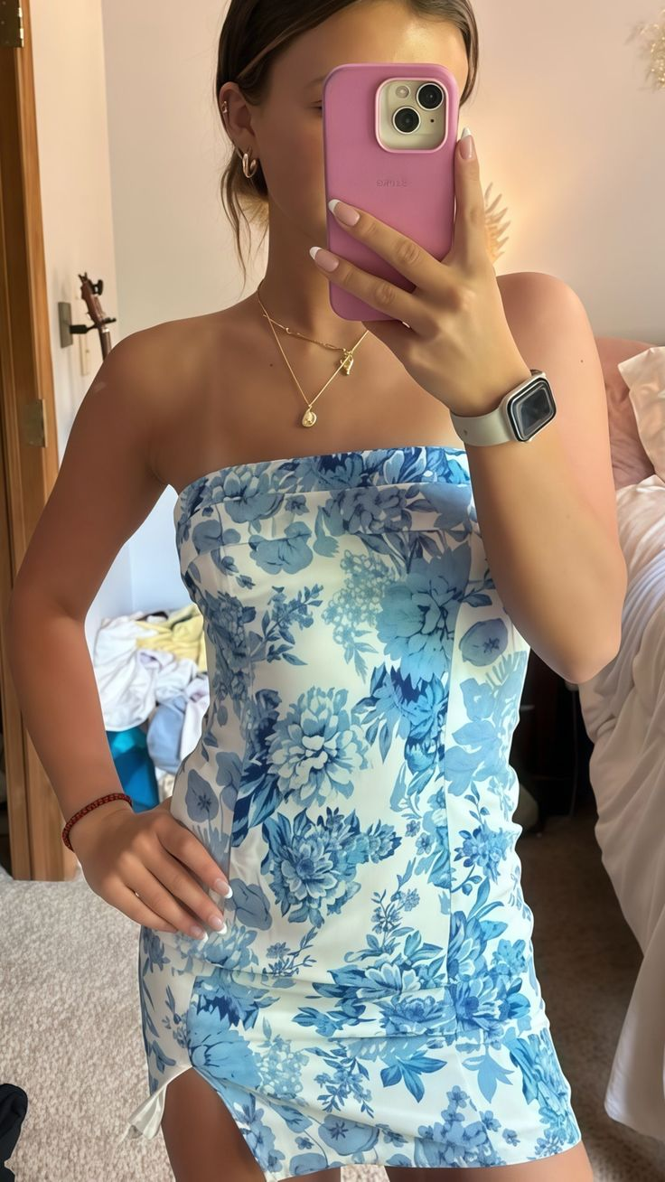 Unique Strapless Blue Satin Print Floral Sheath Short Cocktail Dresses Prom Homecoming Dresses