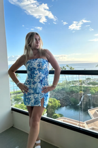 Unique Strapless Blue Satin Print Floral Sheath Short Cocktail Dresses Prom Homecoming Dresses