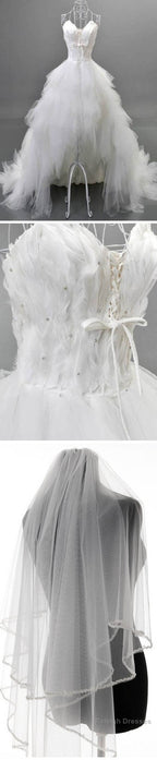 Unique Style Hi-Low Sweetheart Spaghetti Strap White Feather Lace Up Tulle Ruffles  Wedding Dresses ,