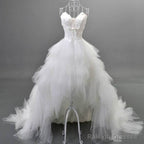 Unique Style Hi-Low Sweetheart Spaghetti Strap White Feather Lace Up Tulle Ruffles  Wedding Dresses ,