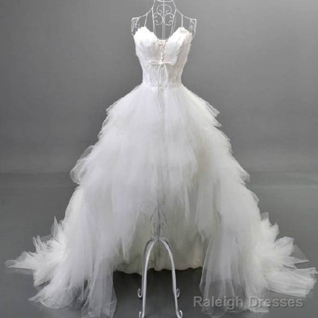 Unique Style Hi-Low Sweetheart Spaghetti Strap White Feather Lace Up Tulle Ruffles Wedding Dress Main image