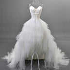 Unique Style Hi-Low Sweetheart Spaghetti Strap White Feather Lace Up Tulle Ruffles Wedding Dress