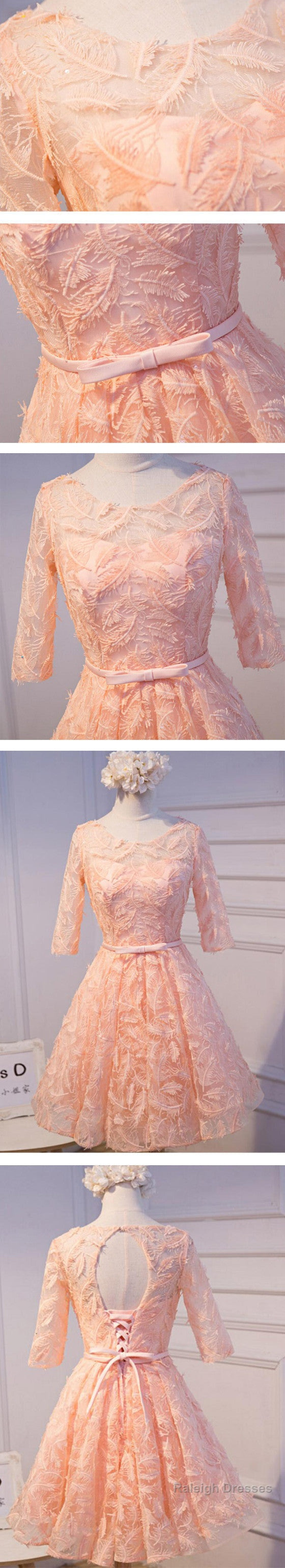 Unique Style Three-Quarter Sleeve Full Feather Appliques Keyhole Lace Up Back Tea-Length Homecoming Dress