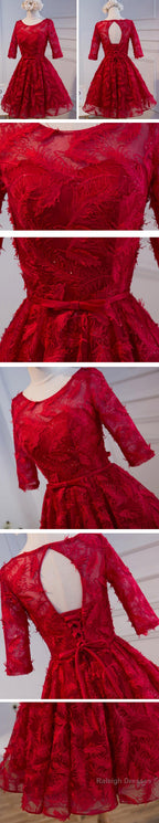 Unique Style Three-Quarter Sleeve Full Feather Appliques Keyhole Lace Up Back Tea-Length Homecoming Dress