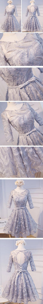 Unique Style Three-Quarter Sleeve Full Feather Appliques Keyhole Lace Up Back Tea-Length Homecoming Dress