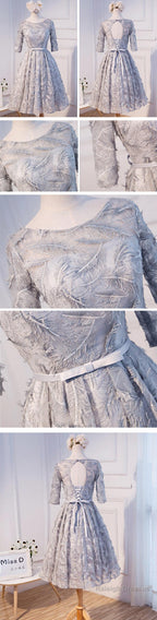 Unique Style Three-Quarter Sleeve Full Feather Appliques Keyhole Lace Up Back Tea-Length Homecoming Dress