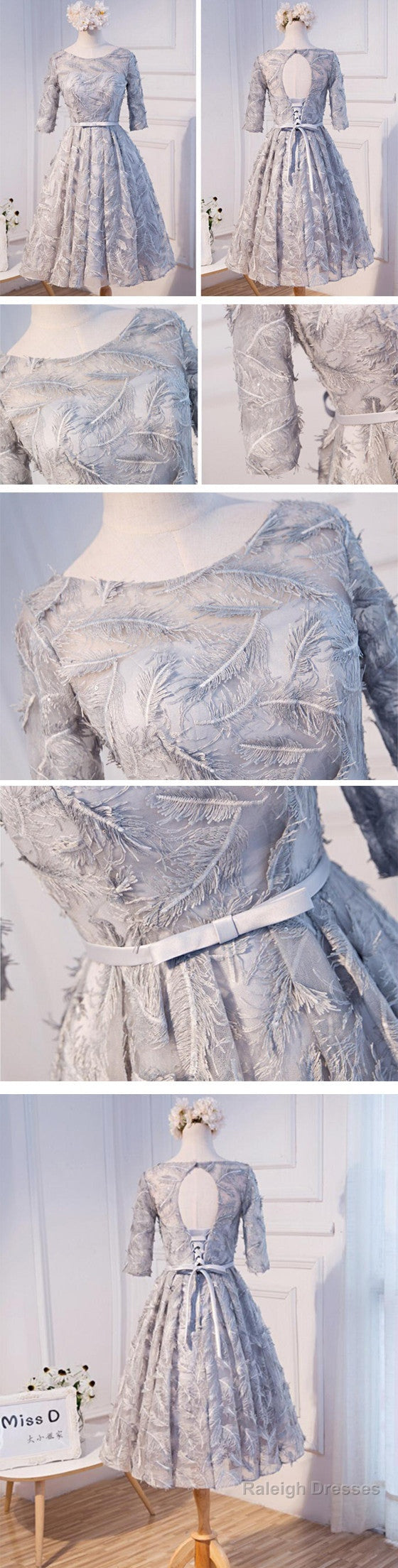 Unique Style Three-Quarter Sleeve Full Feather Appliques Keyhole Lace Up Back Tea-Length Homecoming Dress