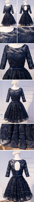 Unique Style Three-Quarter Sleeve Full Feather Appliques Keyhole Lace Up Back Tea-Length Homecoming Dress