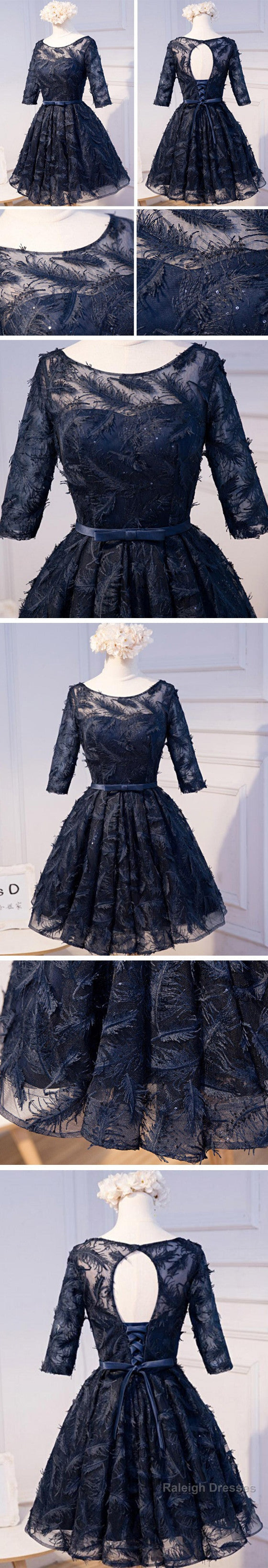 Unique Style Three-Quarter Sleeve Full Feather Appliques Keyhole Lace Up Back Tea-Length Homecoming Dress