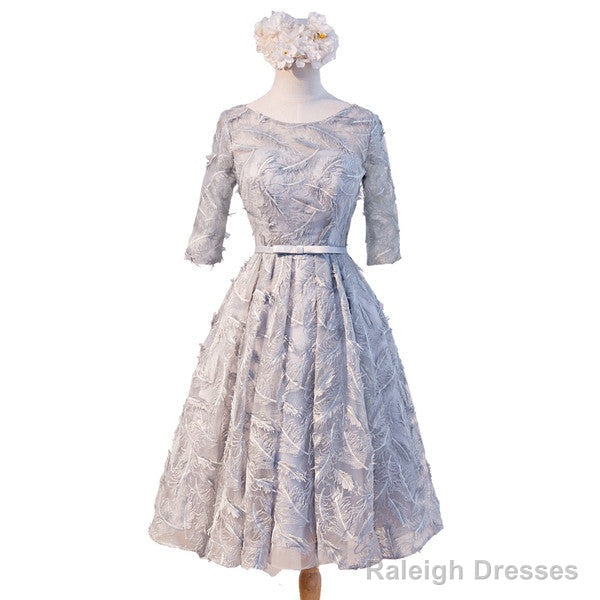 Unique Style Three-Quarter Sleeve Full Feather Appliques Keyhole Lace Up Back Tea-Length Homecoming Dress Main image