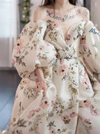 Unique Sweetheart Neck Puff Sleeves Prom Dresses Long Printing Prom Dresses