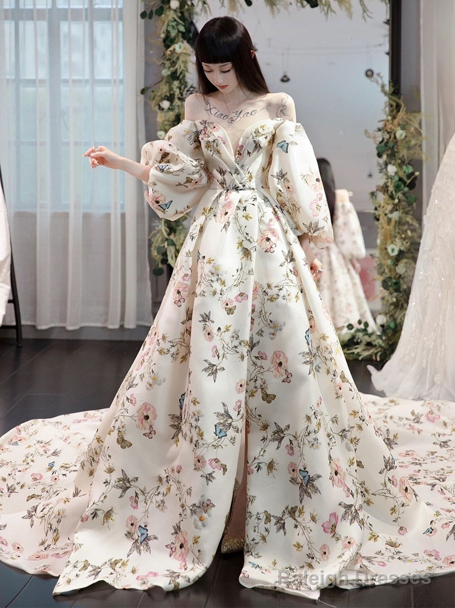 Unique Sweetheart Neck Puff Sleeves Long Prom Dress Printing Evening Dress