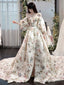 Unique Sweetheart Neck Puff Sleeves Long Prom Dress Printing Evening Dress