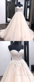 Unique Sweetheart Neck Tulle Lace Applique Long Wedding Dress, Lace Bridal Dress