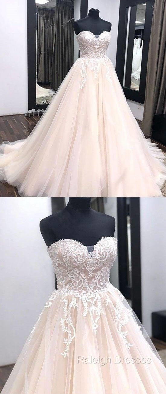 Unique Sweetheart Neck Tulle Lace Applique Long Wedding Dress, Lace Bridal Dress