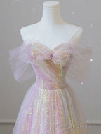Unique Sweetheart Neck Tulle Sequin Long Prom Dress Tulle Prom Dress