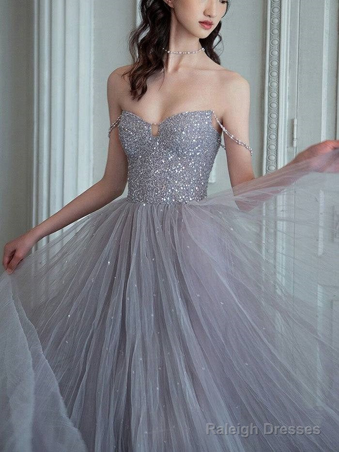 Unique Sweetheart Sequin Tulle Prom Dresses Long Tulle Prom Dresses