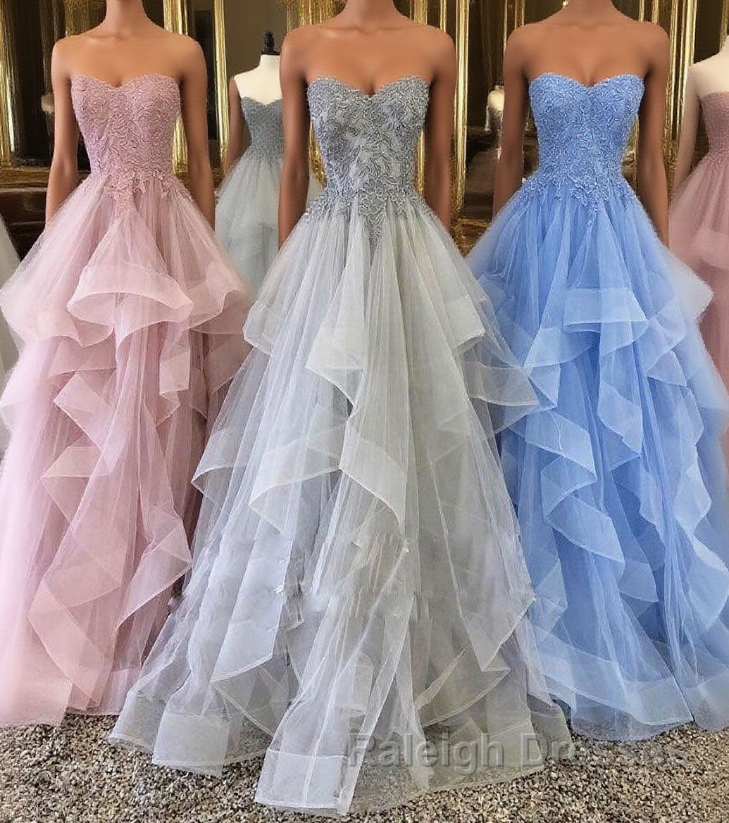 Unique sweetheart tulle lace long prom dress, tulle evening dress