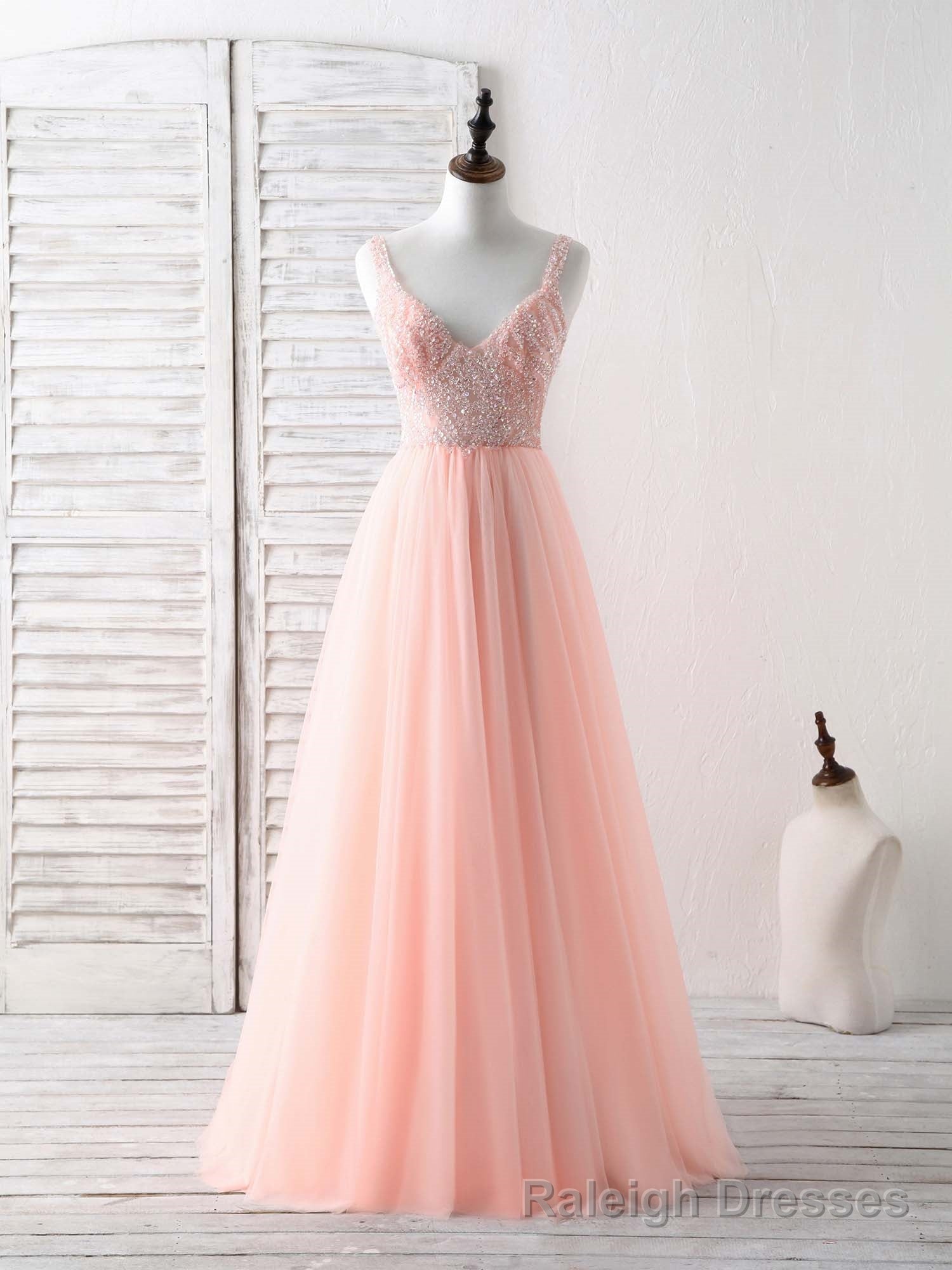 Unique Tulle Beads Long Prom Dress, Tulle Prom Dress