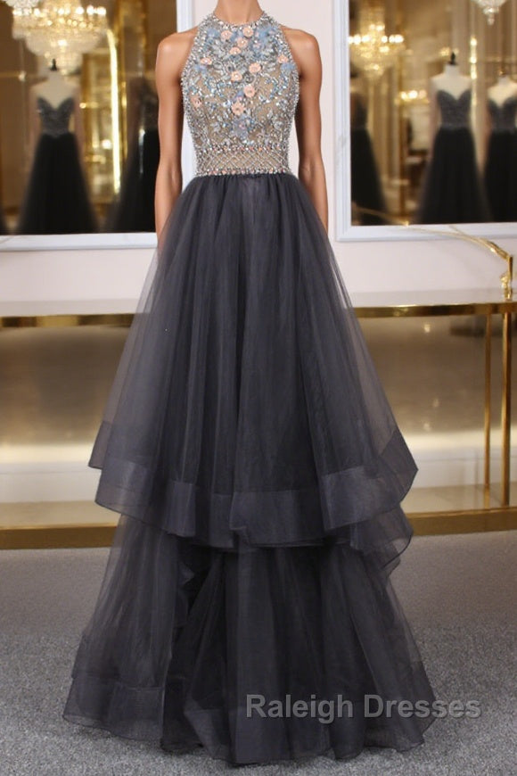 Unique tulle beads long prom dress tulle long evening dress