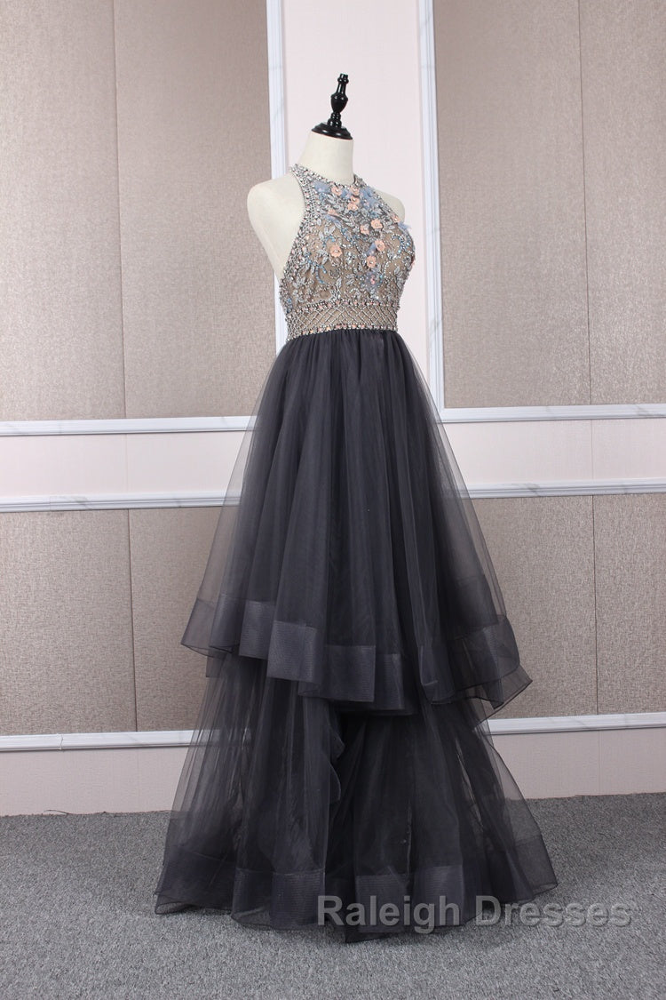 Unique tulle beads long prom dress tulle long evening dress Secondary image