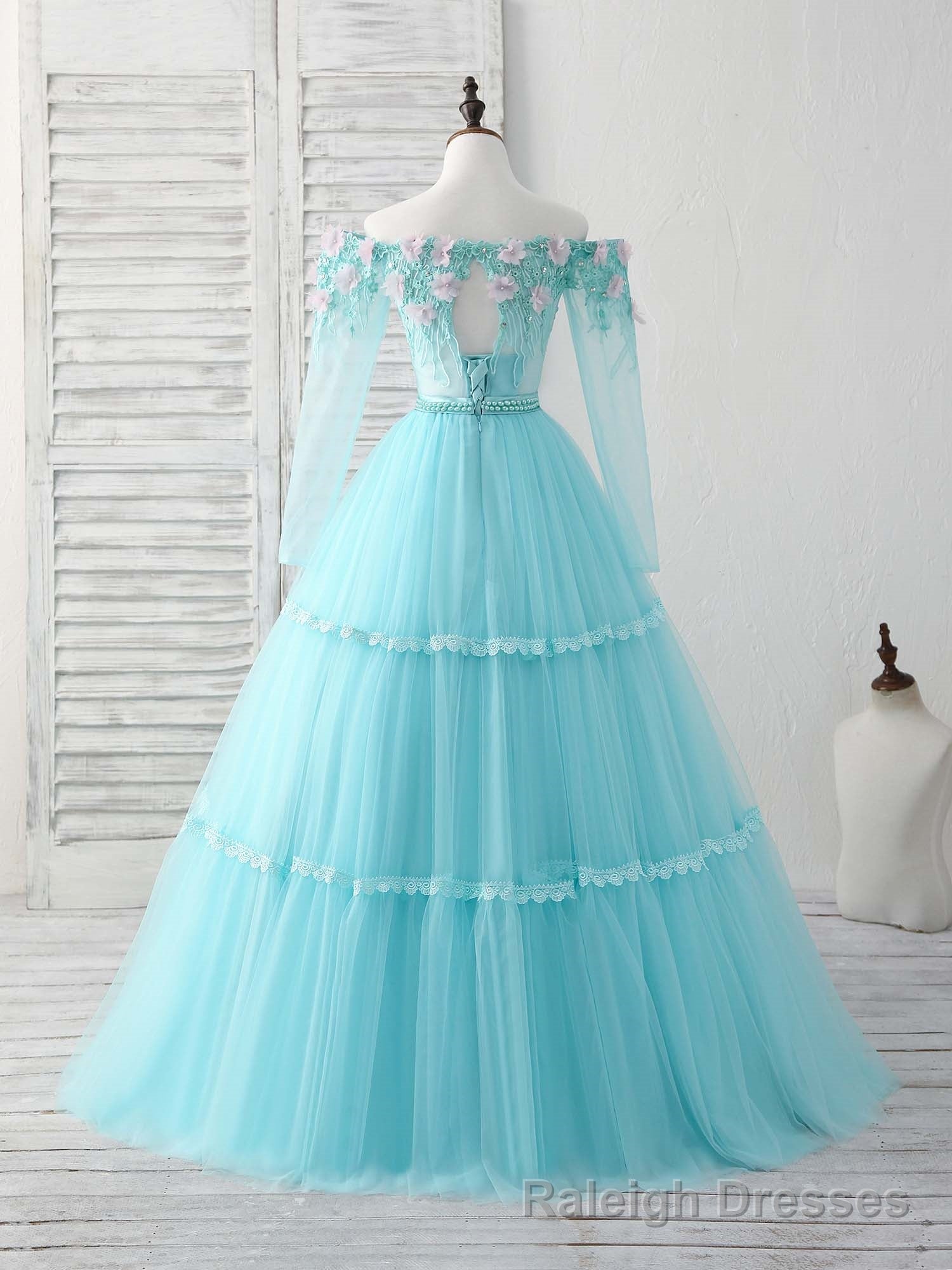Unique Tulle Lace Applique Long Prom Dress, Green Prom Dress