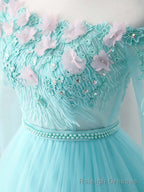 Unique Tulle Lace Applique Long Prom Dress, Green Prom Dress