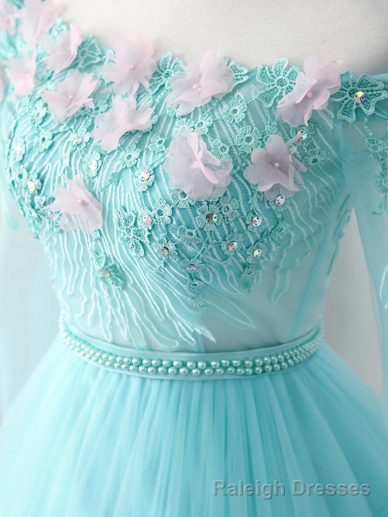 Unique Tulle Lace Applique Long Prom Dress, Green Prom Dress