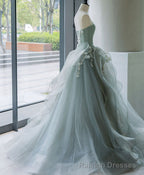 Unique Tulle Lace Gray Green Long Prom Gowns, Tulle Lace Prom Dress