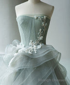 Unique Tulle Lace Gray Green Long Prom Gowns, Tulle Lace Prom Dress