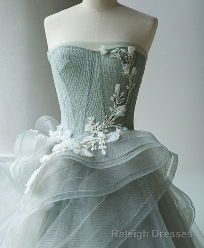 Unique Tulle Lace Gray Green Long Prom Gowns, Tulle Lace Prom Dress