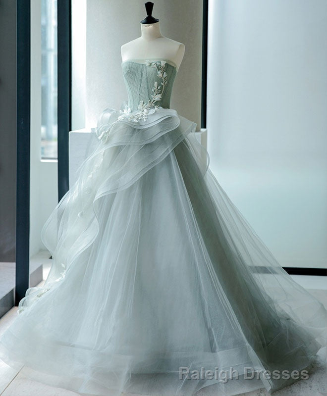 Unique Tulle Lace Gray Green Long Prom Gowns, Tulle Lace Prom Dress