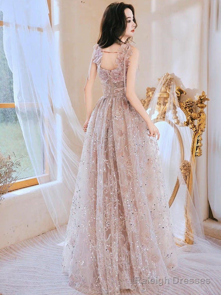 Unique Tulle Lace Pink Long Prom Dresses Lace Pink Long Prom Dresses Secondary image