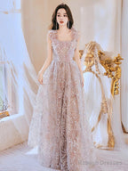 Unique Tulle Lace Pink Long Prom Dress, Lace Pink Long Evening Dress