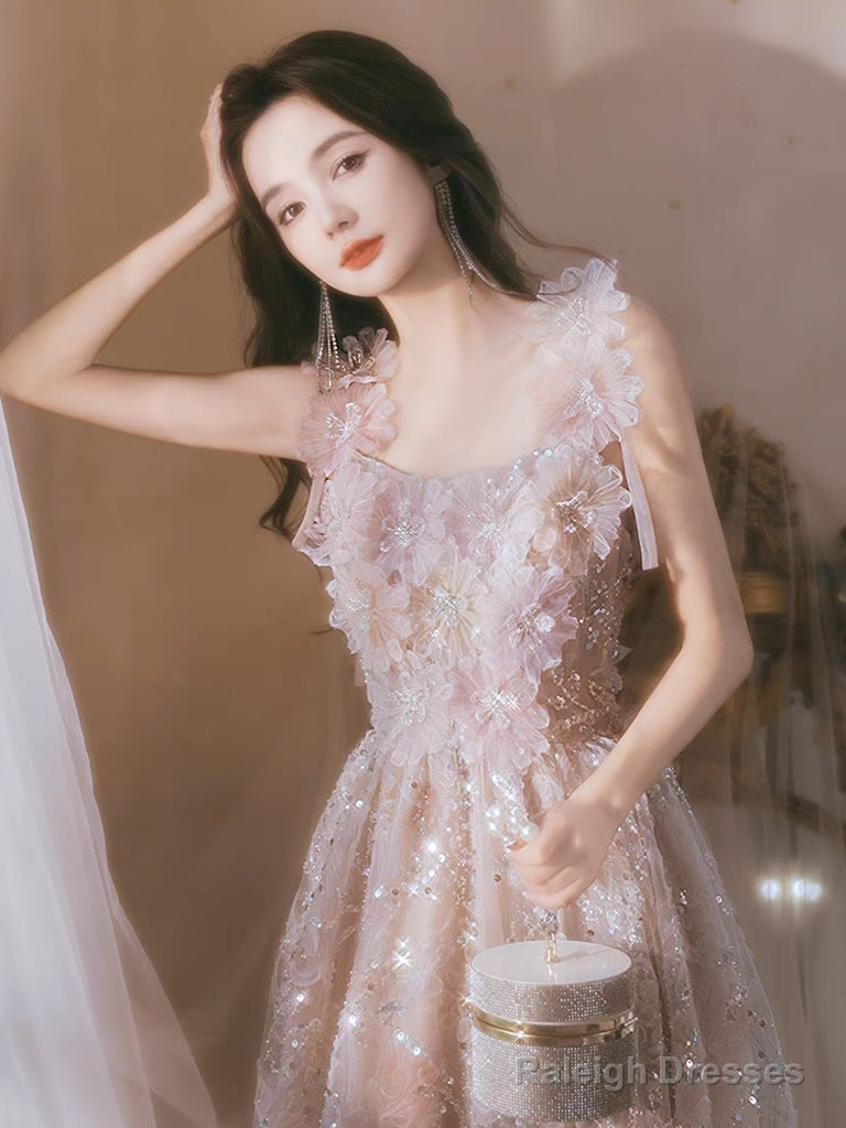 Unique Tulle Lace Pink Long Prom Dress, Lace Pink Long Evening Dress