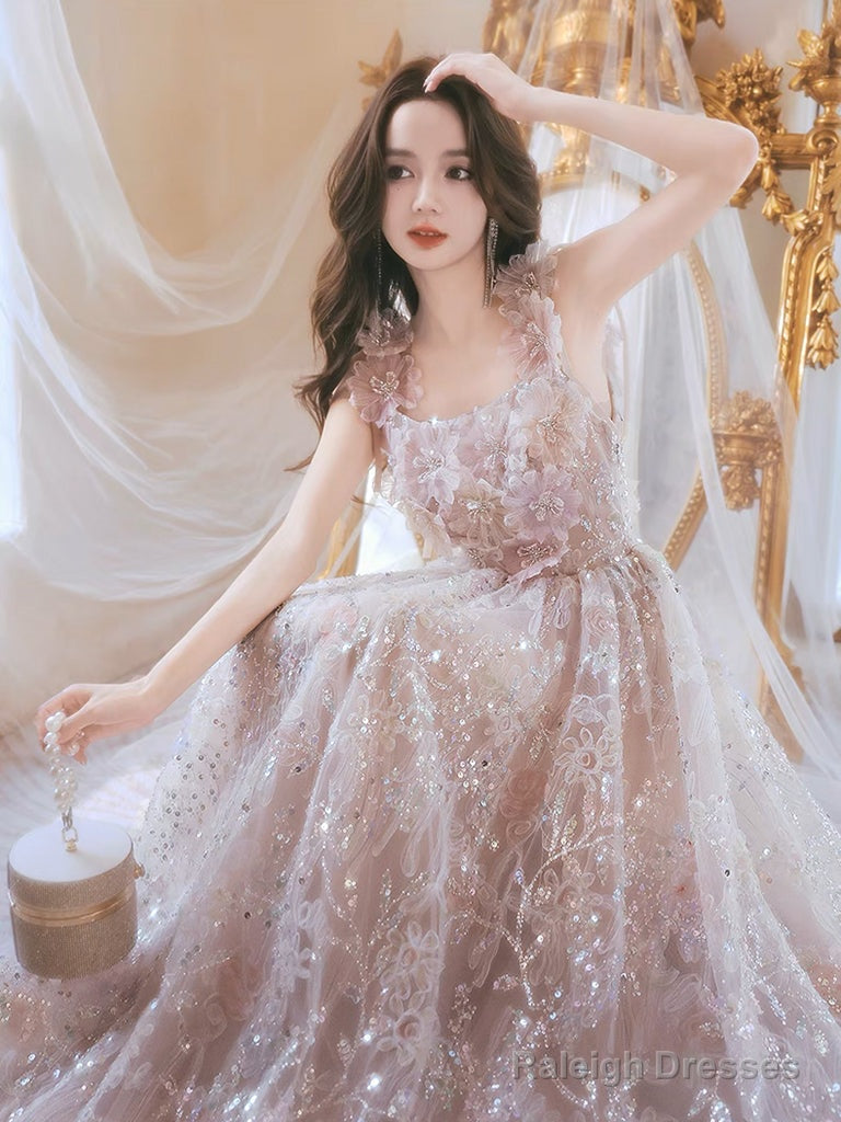 Unique Tulle Lace Pink Long Prom Dresses Lace Pink Long Prom Dresses