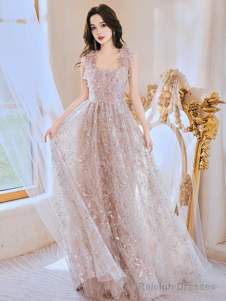 Unique Tulle Lace Pink Long Prom Dresses Lace Pink Long Prom Dresses