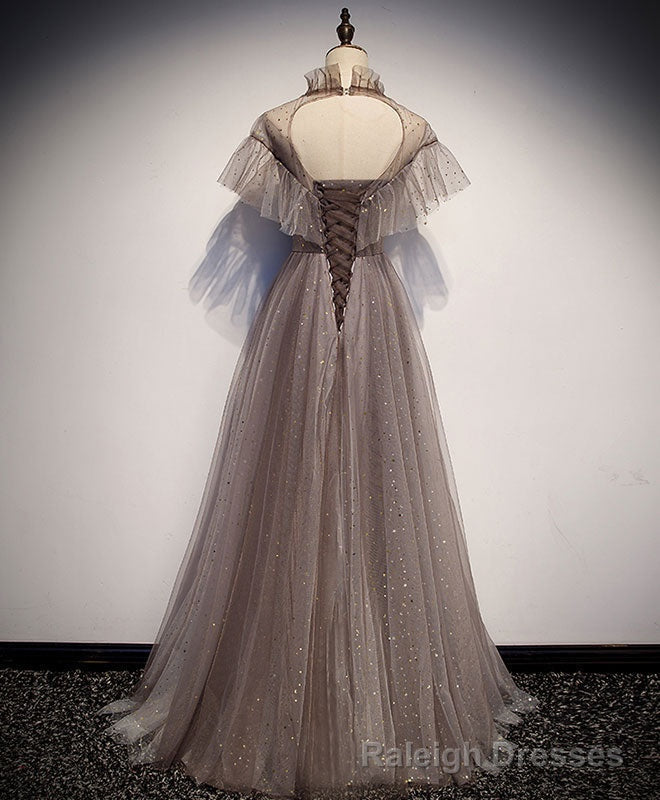 Unique Tulle Long Prom Dress, Tulle Gray Prom Dress