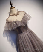 Unique Tulle Long Prom Dress, Tulle Gray Prom Dress