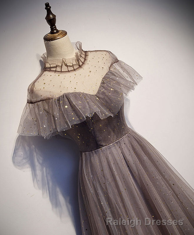 Unique Tulle Long Prom Dress, Tulle Gray Prom Dress